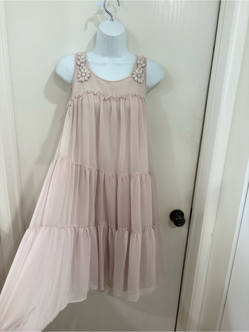 H&M Light Blush Pink Tiered Mini Dress with Floral Applique